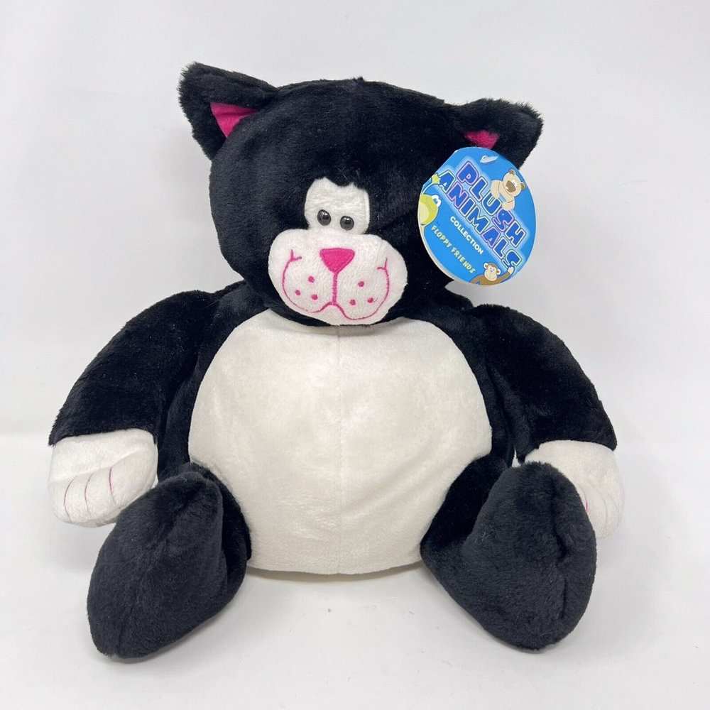 Floppy Friends Plush 2001 Tom Cat 12 Inch Black White & Pink Pre-Owned With Tags
